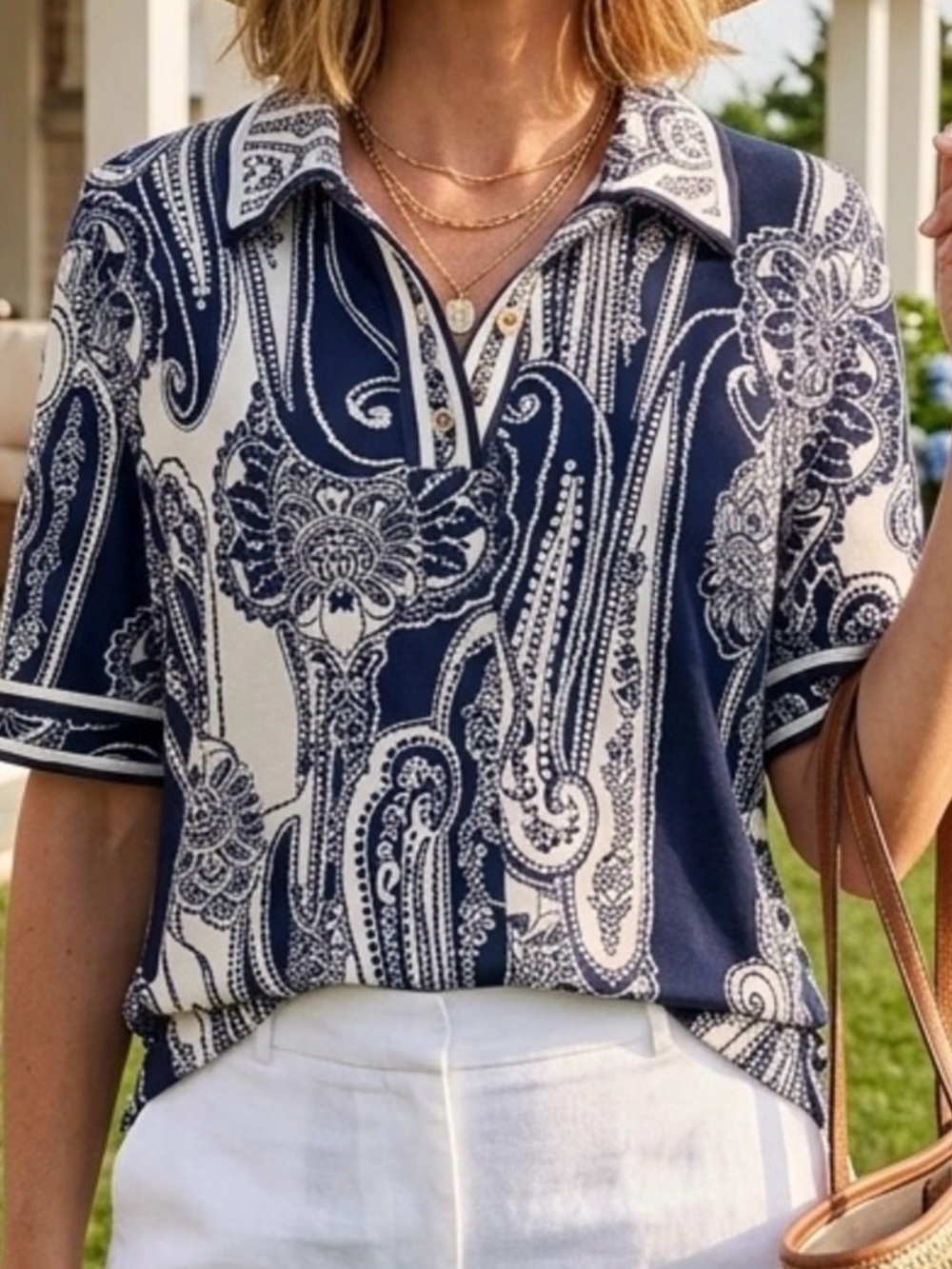 Nautica Jeans Navy White Paisley Polo Top Short Sleeve Sporty Preppy Y2K Coastal